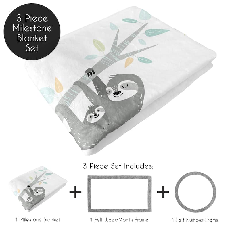 Blue Jungle Sloth Collection Boy Girl Baby Monthly Milestone Blanket - Aqua Turquoise Grey Green Tropical Botanical Rainforest