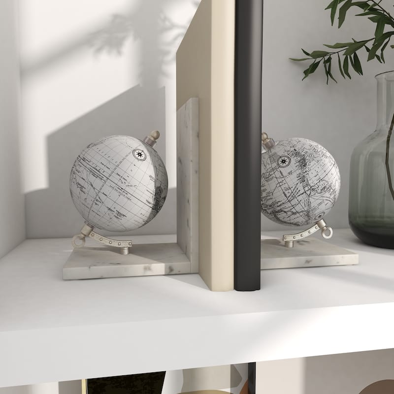Marble Globe Decorative Bookends with Silver Metal Accents - Set of 2 White - Roche River Decor