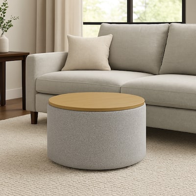 Mesy Storage Ottoman, 30 Inch Round Lift Tray Top, Light Gray Boucle