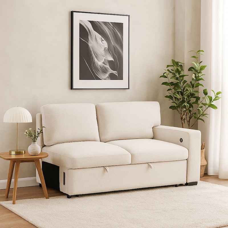 Ompa Modular Armless Sofa with Storage, Cream Beige Boucle, 52 Inch
