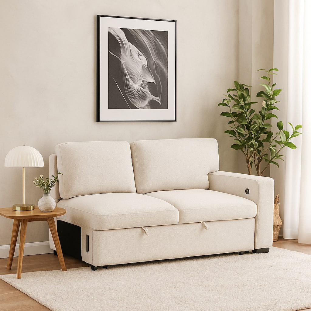 Ompa Modular Armless Sofa with Storage, Cream Beige Boucle, 52 Inch