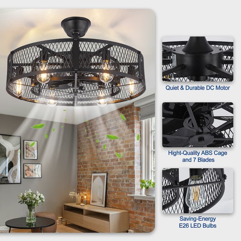 20-26" Caged outdoor Ceiling Fan with Light: Remote App Control-Farmhouse Fandelier Flush Mount Fixture Reversible 6 Speed Timer