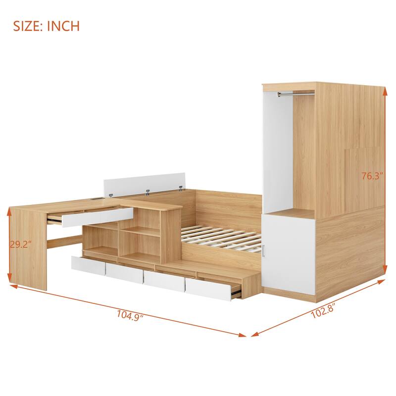 Versatile Storage Bed Frame with 6 Drawers, Shelves, Wardrobe and Side Storage, Full Size Wooden Platform Bed with L Shaped Desk