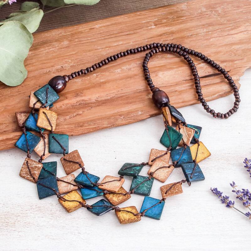 Novica Handmade Coastal Diamonds Wood And Coconut Shell Beaded Strand Necklace