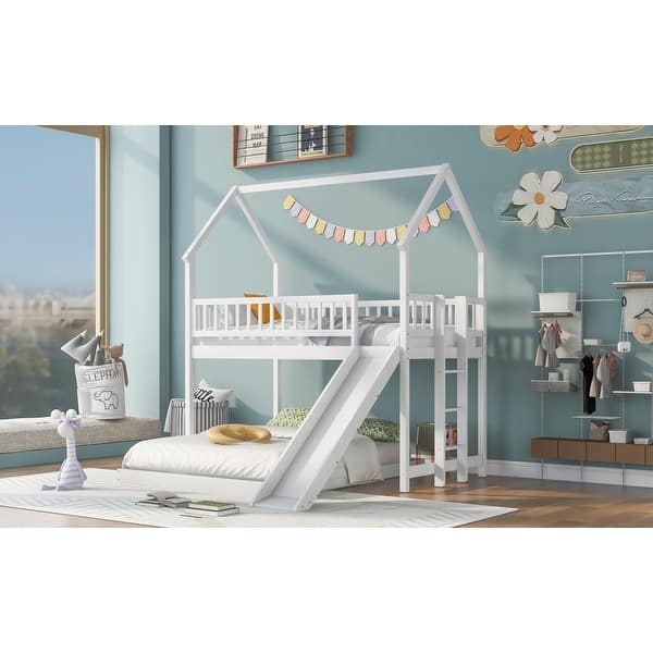slide 2 of 13, House-shaped Roof Frame Bed, Twin over Full Bed with Slide, Ladder White - Full