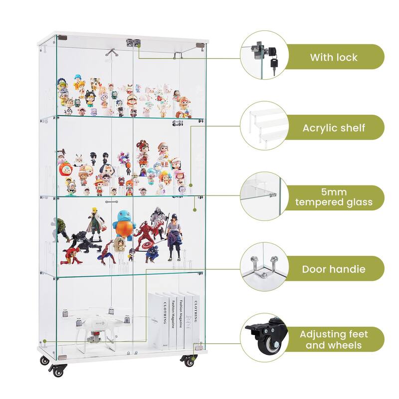 4 Tier Glass Display Cabinet, Double Door Glass Cabinet with Two Locks, Floor Standing Storage Cabinet with 6 Acrylic Shelves