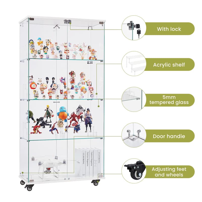 Glass Display Cabinet with Doors & Locks, Acrylic Shelves, Floor Standing Storage Showcase for Home or Office