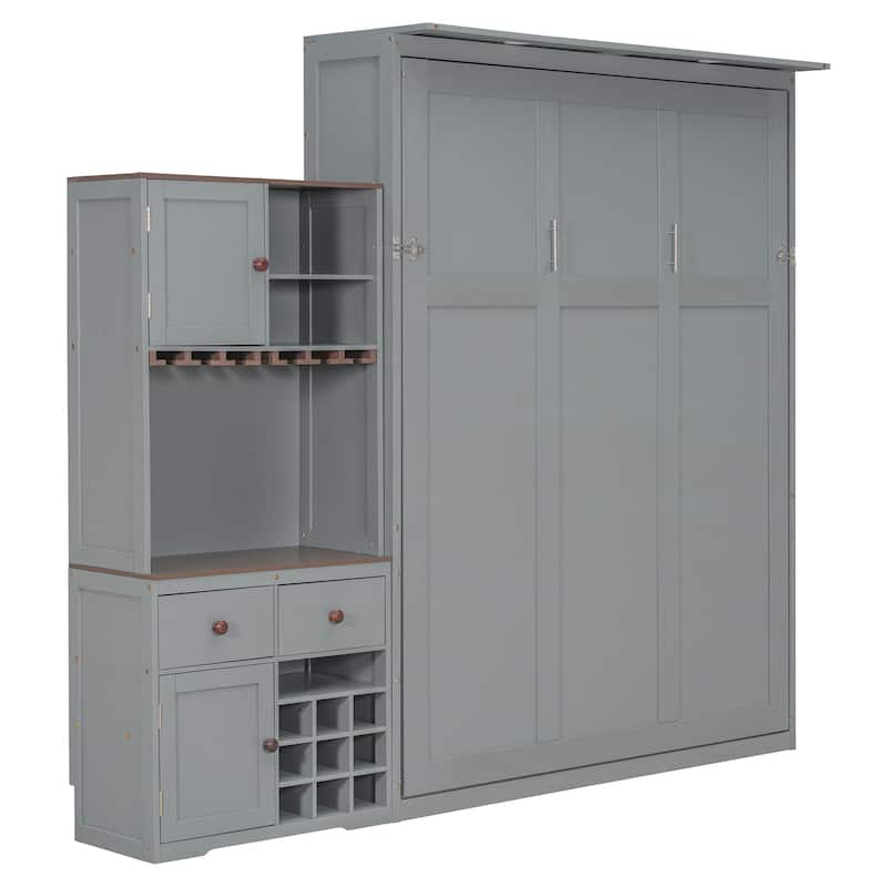 All-in-one Murphy Bed Queen Size Storage Bed Cabinet with Wine Rack, Glass Holder, Drawers, Open Shelves and LED Lights