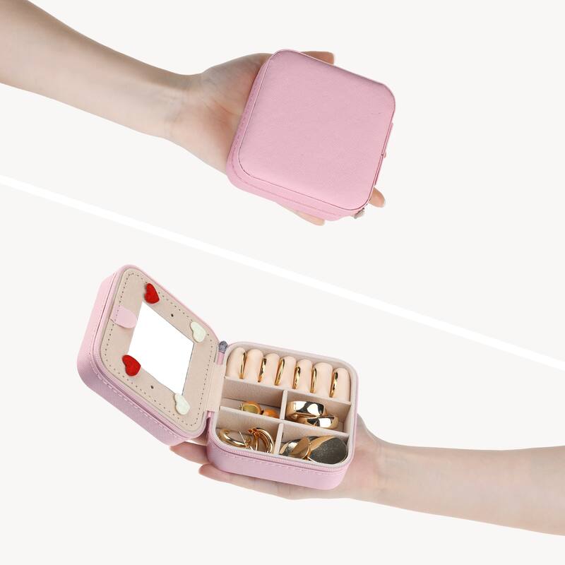 Travel Jewelry Box with Mirror, Small Portable PU Leather Jewelry Organizer Case Storage Display Holder - 10x10x5cm