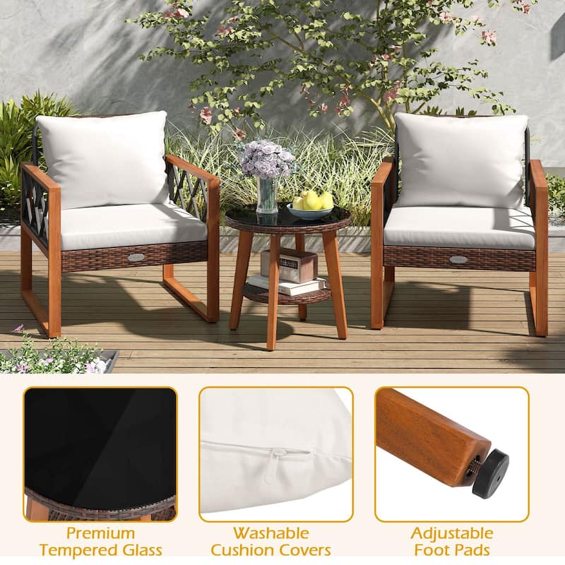Costway 3 PCS Patio PE Wicker Furniture Set with Solid Acacia Wood - See Details