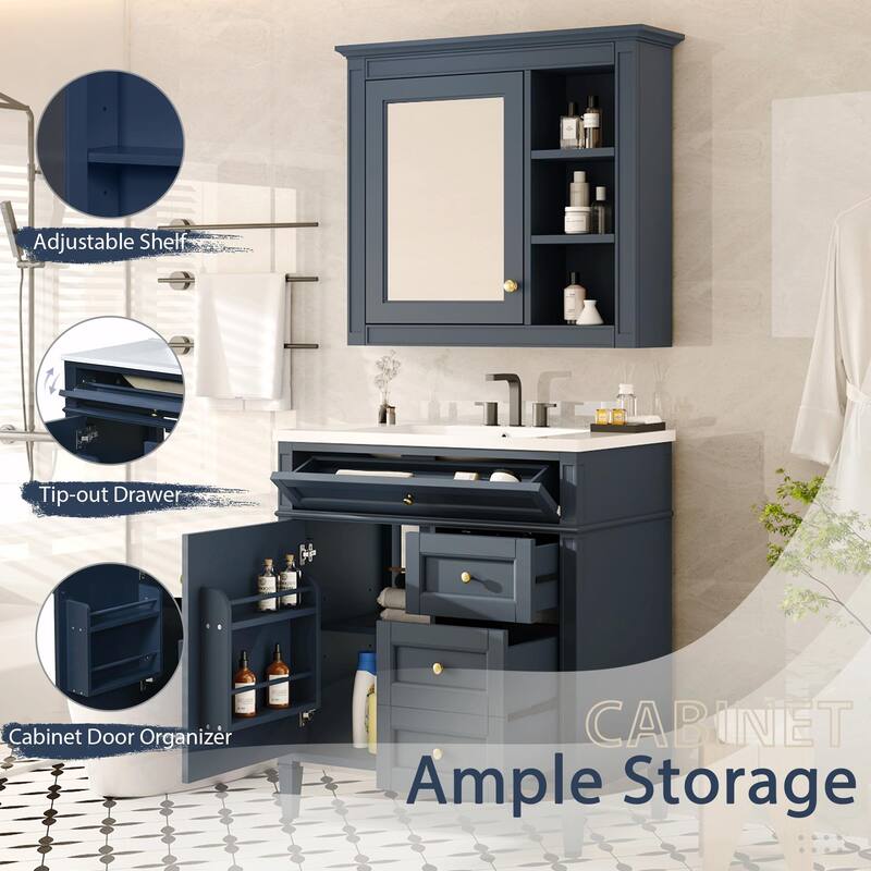 30" Bathroom Vanity with Mirror, Sink, and Storage Cabinet