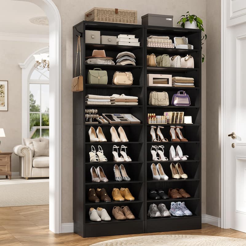 Freestanding 10-Tier Shoe Storage Cabinet,Narrow Wood Shoe Rack Shoe Organizer,Sturdy Closet Organizer Open Display Cabinet - Set of 2(35.4'' W) - Black