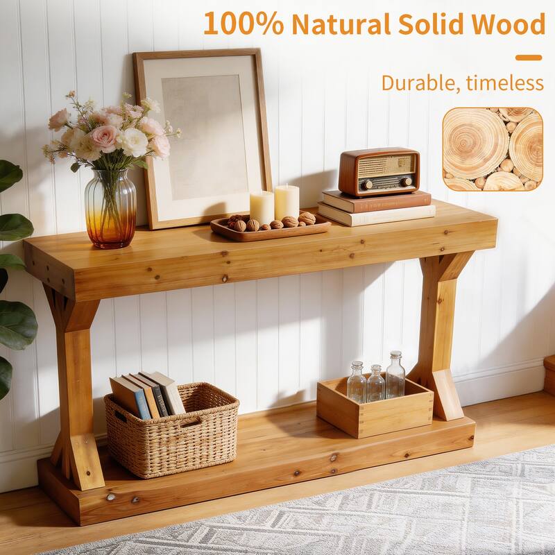 Solid Wood Console Table With Storage Shelf Farmhouse Wooden Entryway Sofa Table Behind Couch
