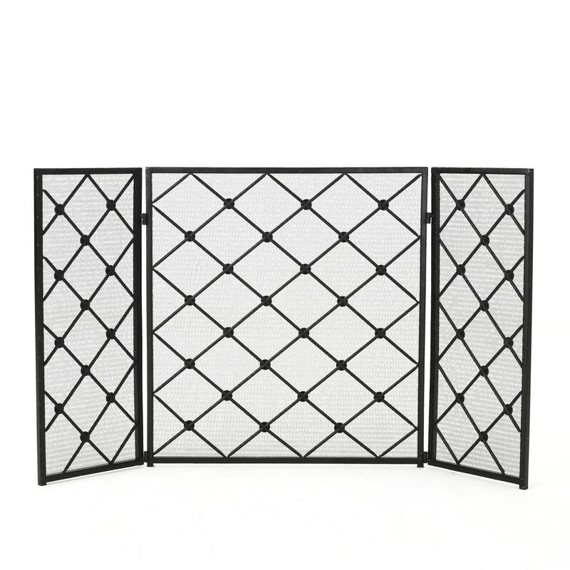 Roomfitters 3-Panel Fireplace Screen, Diamond Lattice Spark Guard, Folding Metal Fireguard for Hearth Safety, Mesh Cover, Black