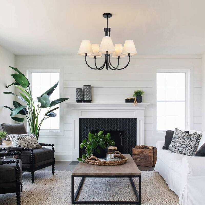 Farmhouse Wheel Chandelier Mid-century Pendant Fixture with Fabric Shades for Interior Lighting