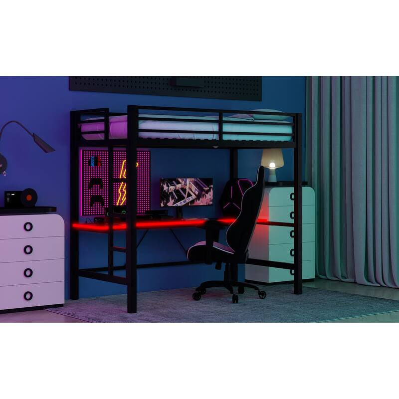 Twin Size Gaming Metal Loft Bed Frame with LED Light, USB Charge Station and Desk