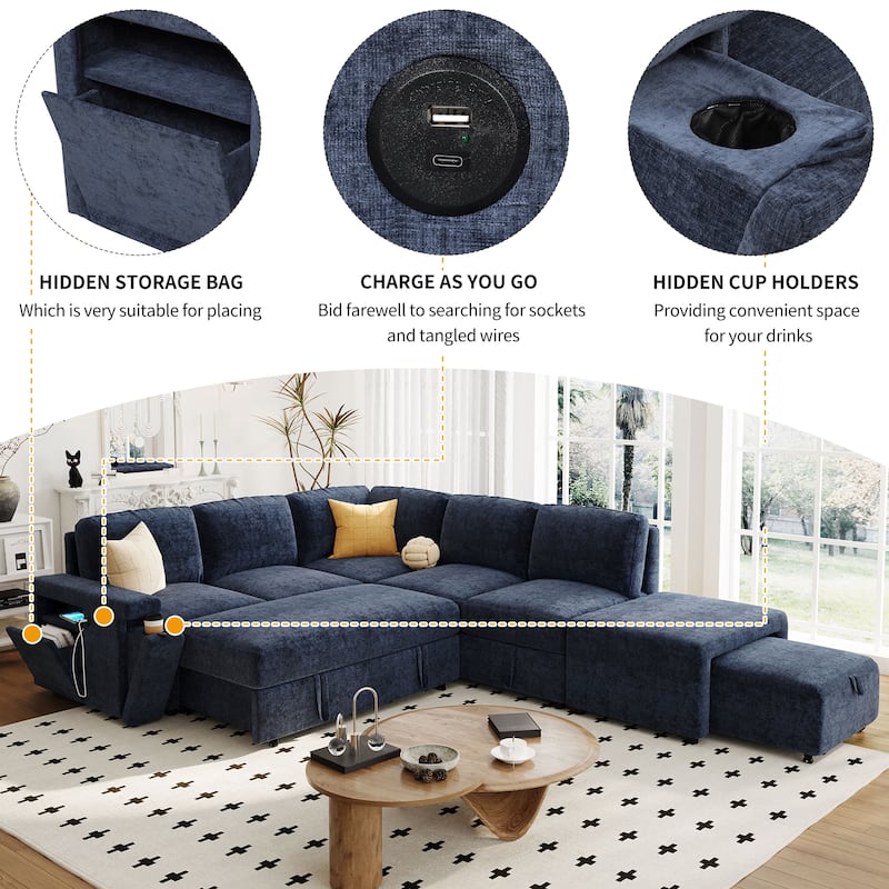 L-shaped Multi-Functional Sofa with Hidden Cup Holder and USB Ports, Upholstered Modular Sofa with Removable Ottoman - Blue