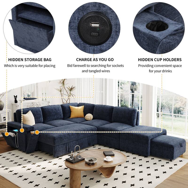 Modern L-Shaped Sofa Bed with USB Charging, Hidden Storage, and Cup Holders