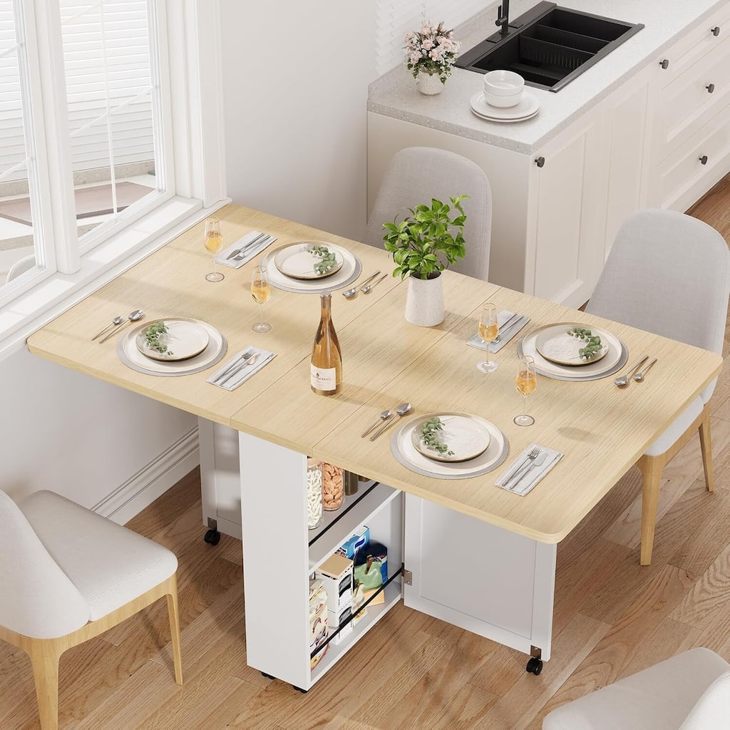 Folding Kitchen Dining Table with Drawer and Storage and Wheels for Kitchens, Apartments (Only Table)