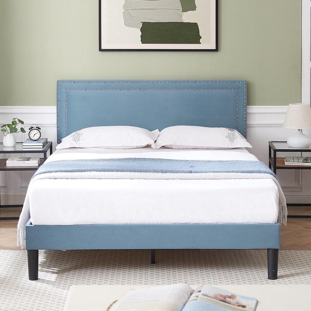 VECELO Upholstered Bed Frames with Height Adjustable Headboard