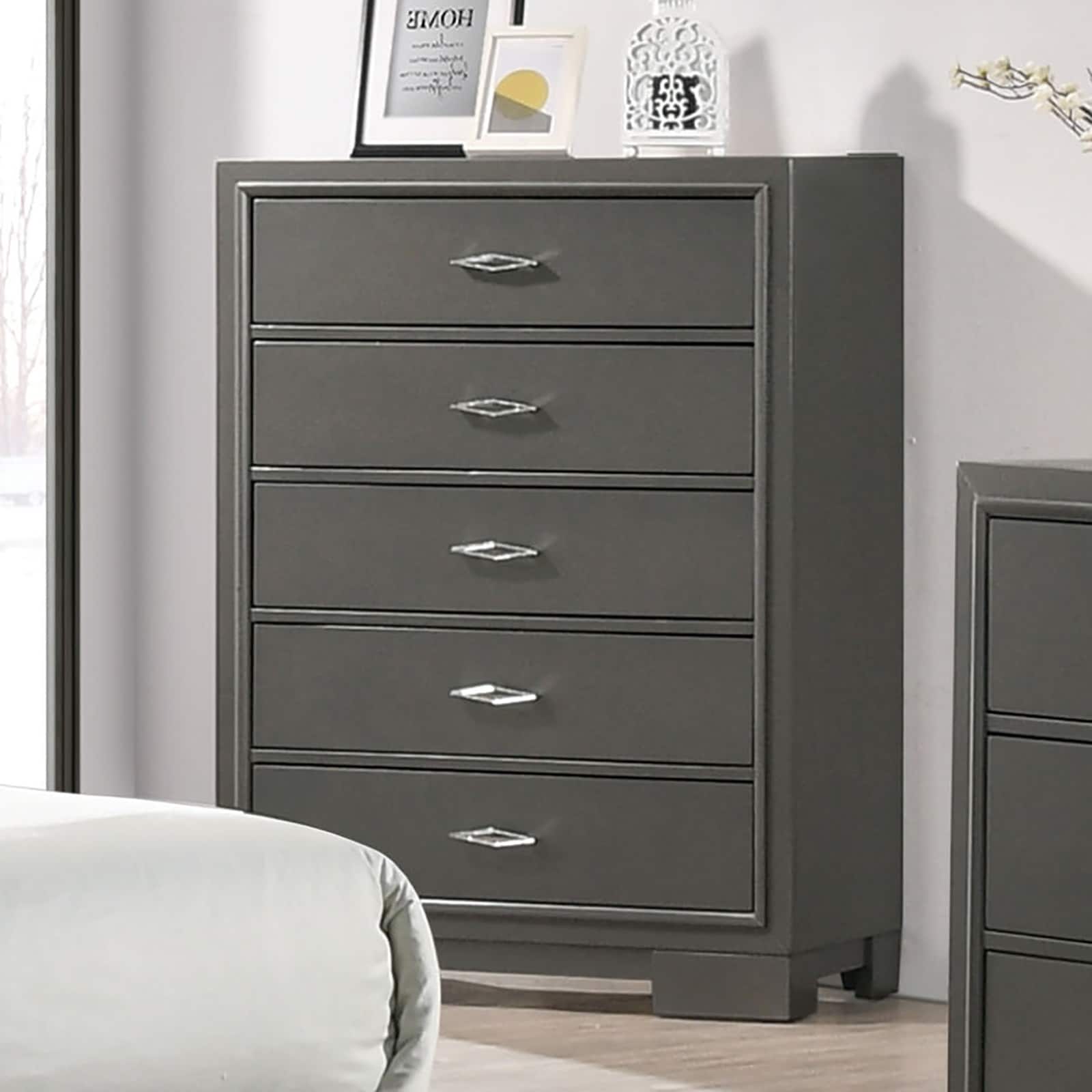 Contemporary 5-Drawer Chest with Acrylic Handles & Bracket Feet, Metallic Grey