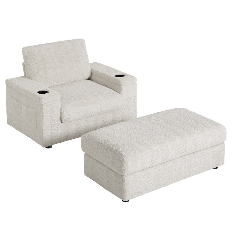 2-Piece Oversized Accent Chair & Ottoman Sets, Single Sofa Reading Couch Chaise Lounge with Storage Ottoman & Cup Holders
