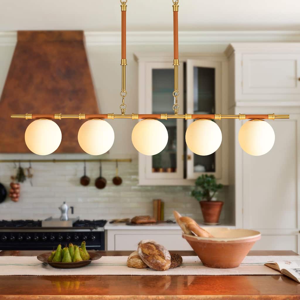 Modern French 5-Light Linear Chandelier in Brushed Brass with Textured Lychee Rods and Opal Globe Shades