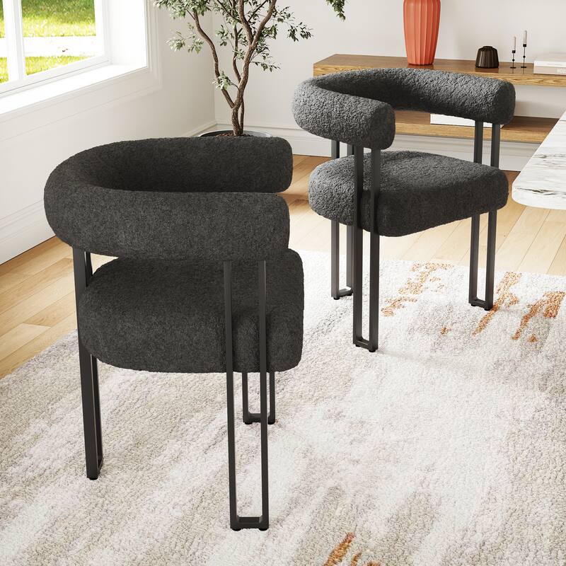 Set of 2 Upholstered Dining Arm Chairs, Bouclé Fabric Accent Chairs with Metal Frame, with Cushioned Seat & Back - Black