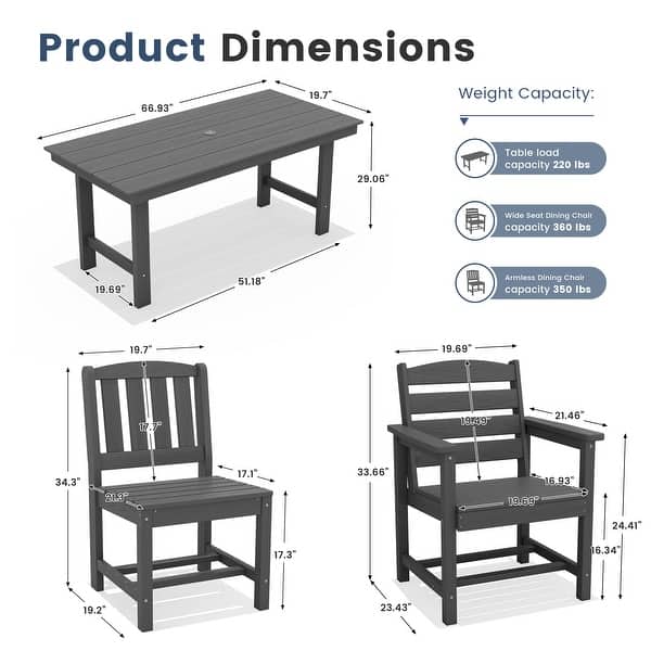 dimension image slide 2 of 3, 7-Piece HDPE Outdoor Dining Set 66.9''L Table with 6 Chairs