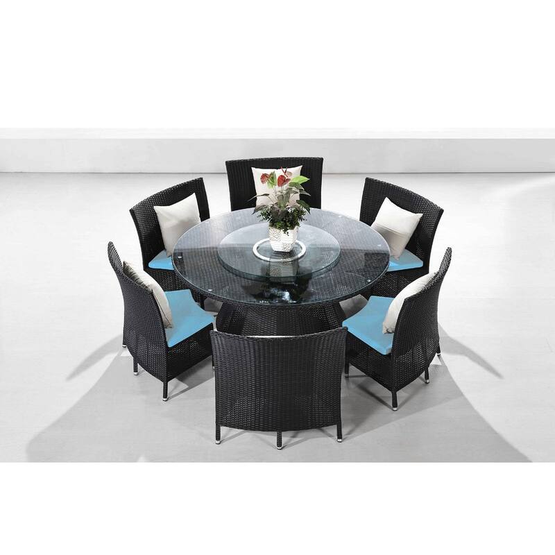 Manhattan Comfort Nightingdale Black 7-Piece Rattan Outdoor Dining Set with Green Cushions - Blue