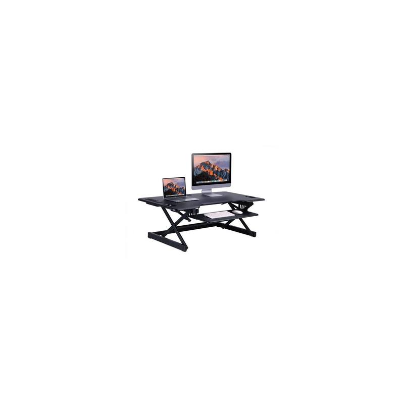 Rocelco 46 in. W Black Standing Desk Converter with AC USB Charger and Triple Monitor Mount Arm with Keyboard Tray