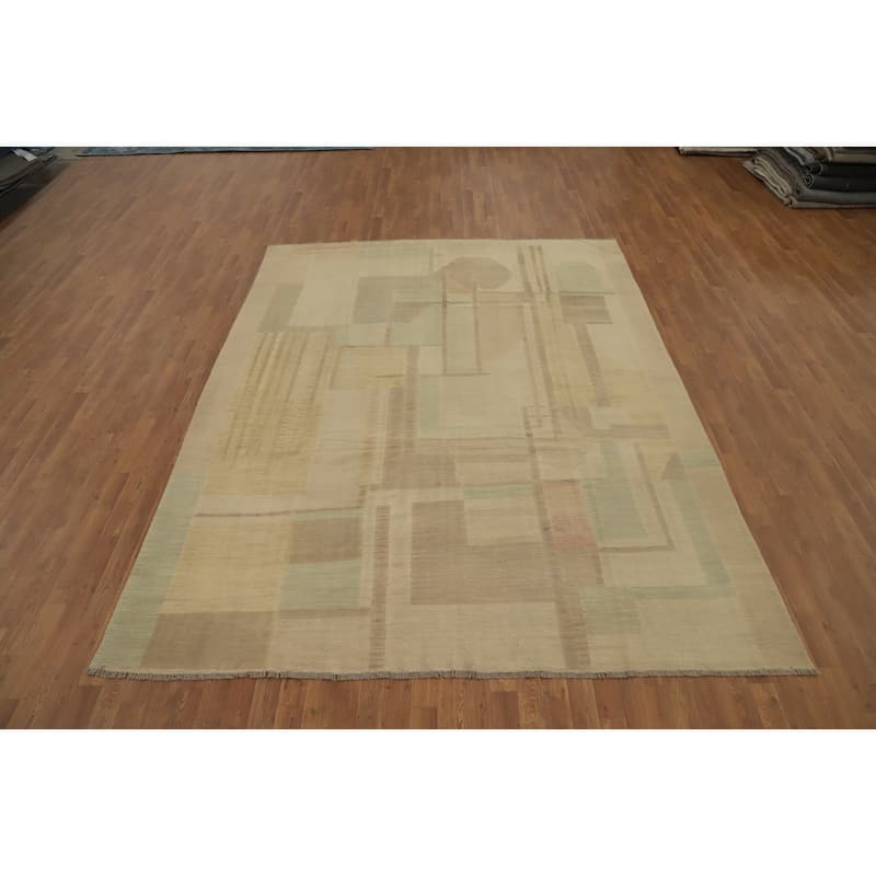 Hand Woven Oriental 100% Wool Carpet Southwestern Modern Beige & Ivories Kilim Area Rug - 10' 0'' X 7' 9''
