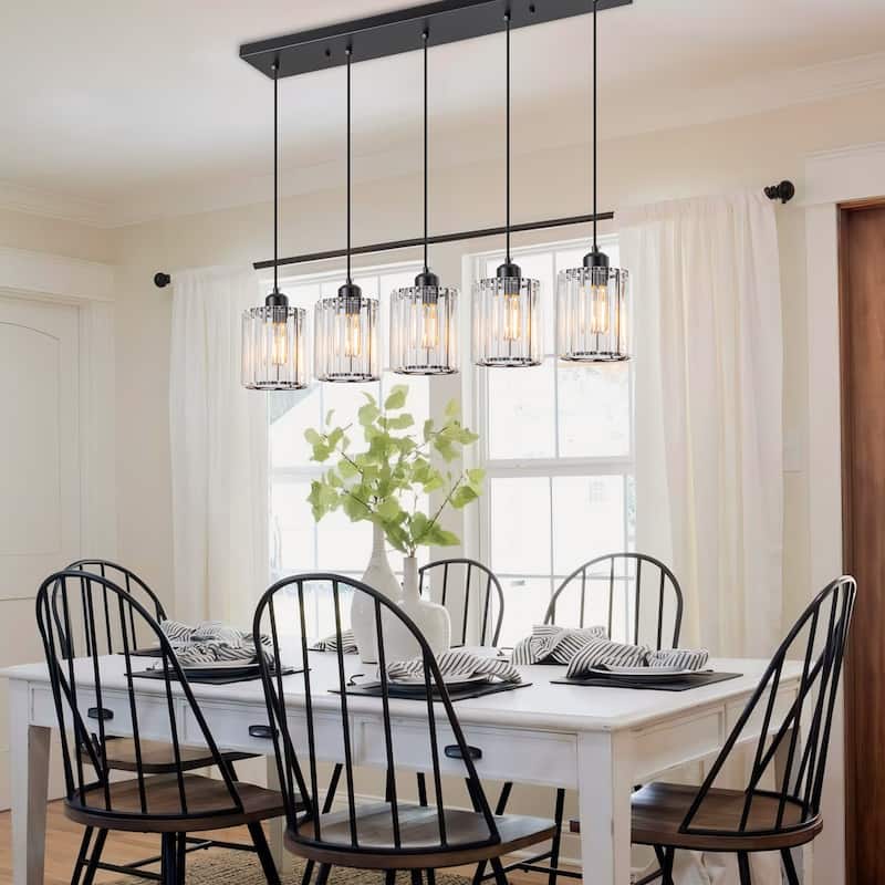 Starsky 5-Light 32in. Modern Crystal Linear Chandelier Cluster Cylinder Glass Kitchen Island Light