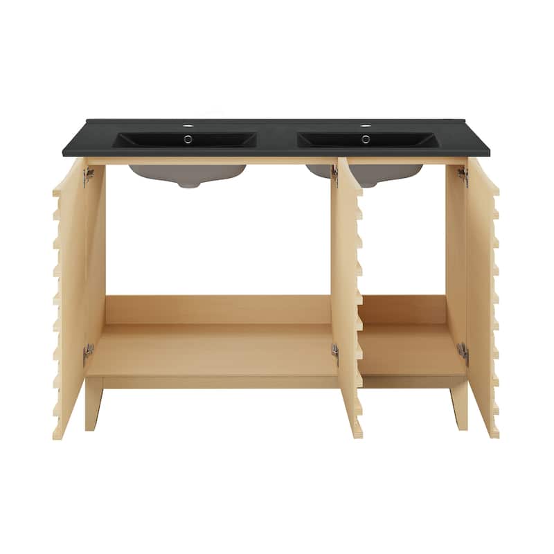 Cascade 48 In. Natural Oak, Double Basin Bathroom Vanity With Black Ceramic Sink Top
