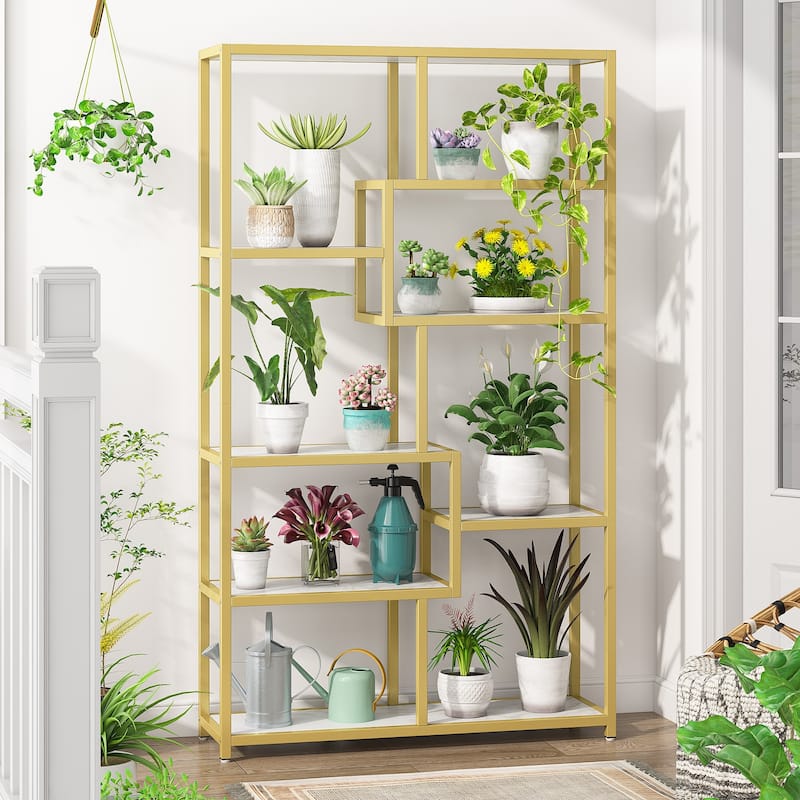 Etagere Bookcase 8 Tier Bookshelf with Gold Metal Frame and White Faux Marble Board for Home office, Living Room