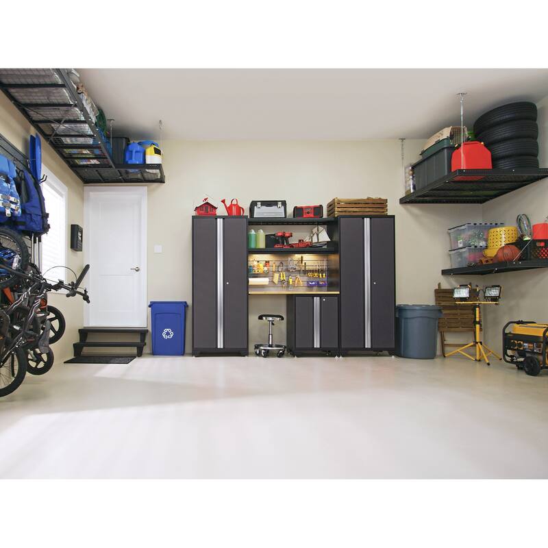 NewAge Products Bold Series 132" W x 18" D Gray 4-Piece Cabinet Set with 72" Integrated Display Shelf