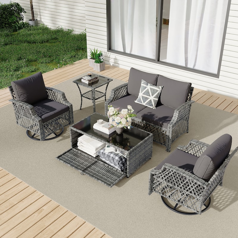 Outdoor Wicker Patio Set w Swivel Chairs & Sofa, Ottomans and Tables, Modular 3/5/6/7-Piece, All-Weather Conversation Set.