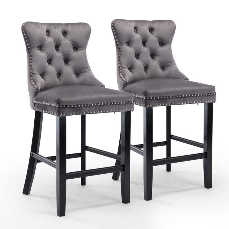 Wing Back Velvet Tufted Nailhead Barstools(Set of 2)