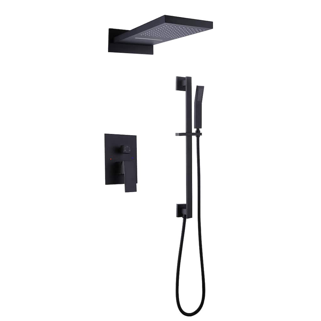 Wall Mounted Shower System With Handheld Shower 22*9 Inch Waterfall Shower Head Matte Black Shower Faucets Kit With Slide Bar