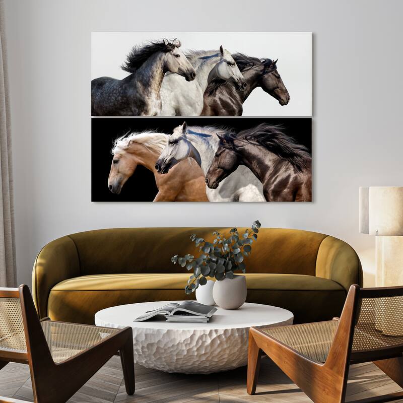 Horse Glass Wall Art Printed on Frameless Free Floating Tempered Glass Panel - Black
