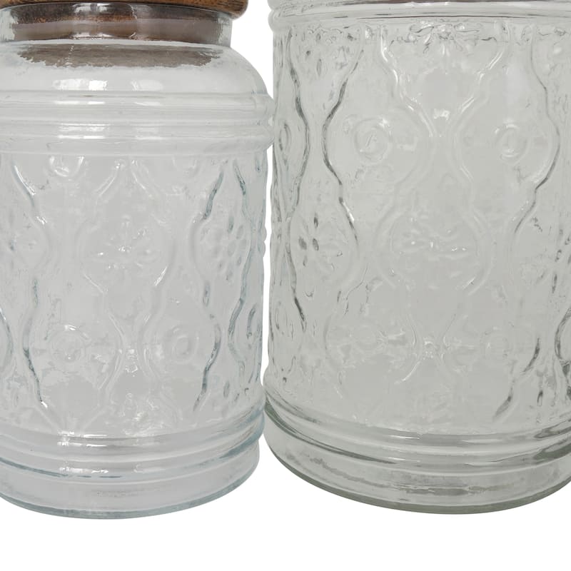 Clear Glass Floral Living Room Decorative Jars with Brown Wooden Lids and Antique Style Knobs (Set of 2)