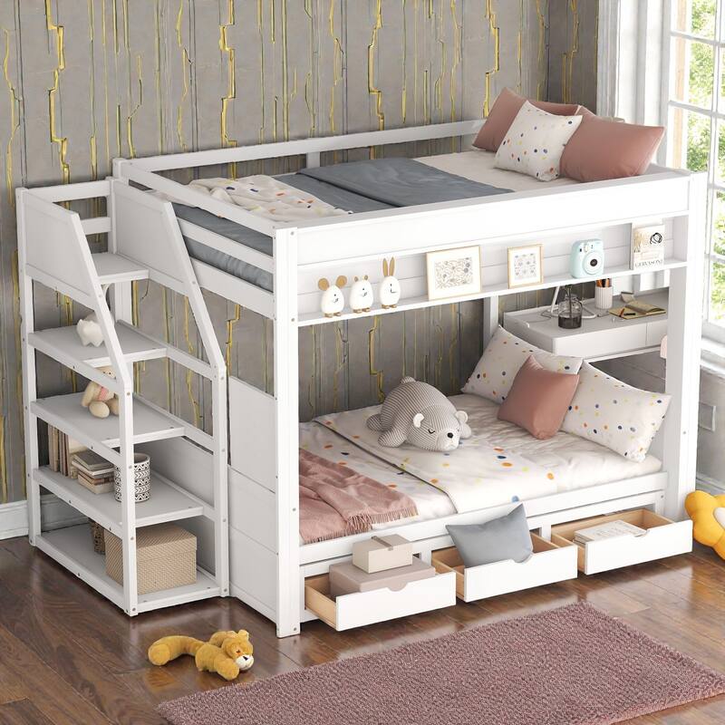 Full Size Convertible Bunk Bed with Storage Staircase, Daybed Pull-Out Design, Bedside Table, and 3 Drawers
