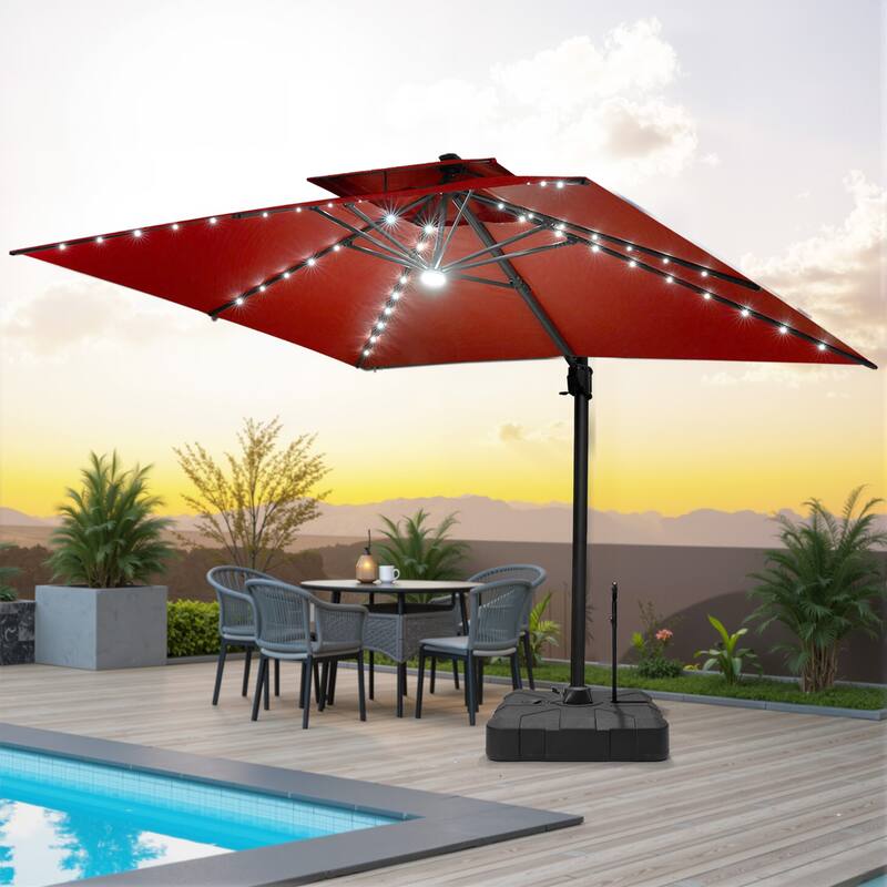Pellebant 10X13 FT Outdoor Double Top Cantilever Patio Umbrella Solar LED Light with Rod Base