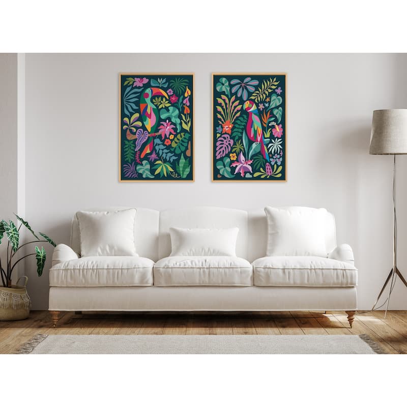 Kate and Laurel Sylvie Tropical Parrot Framed Canvas by Rachel Lee
