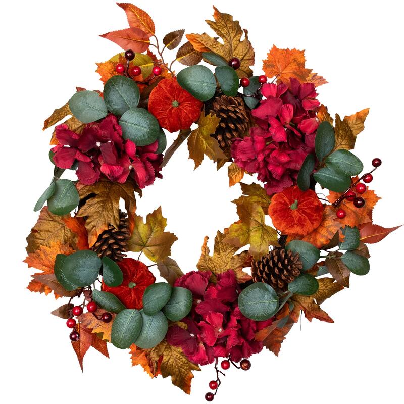 Orange Burgundy Fall Harvest Artificial Floral Pinecone Wreath, 22"