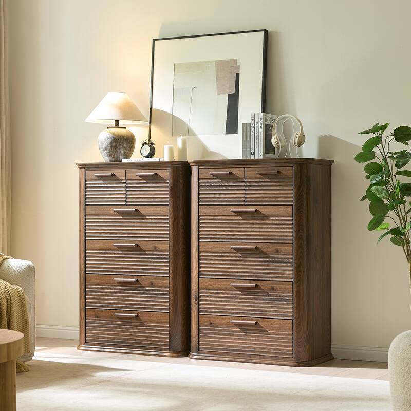 6 Drawers Dresser for Bedroom, 45" Tall Dresser with Curved Profile Design, Wood Fluted Chest of Drawers