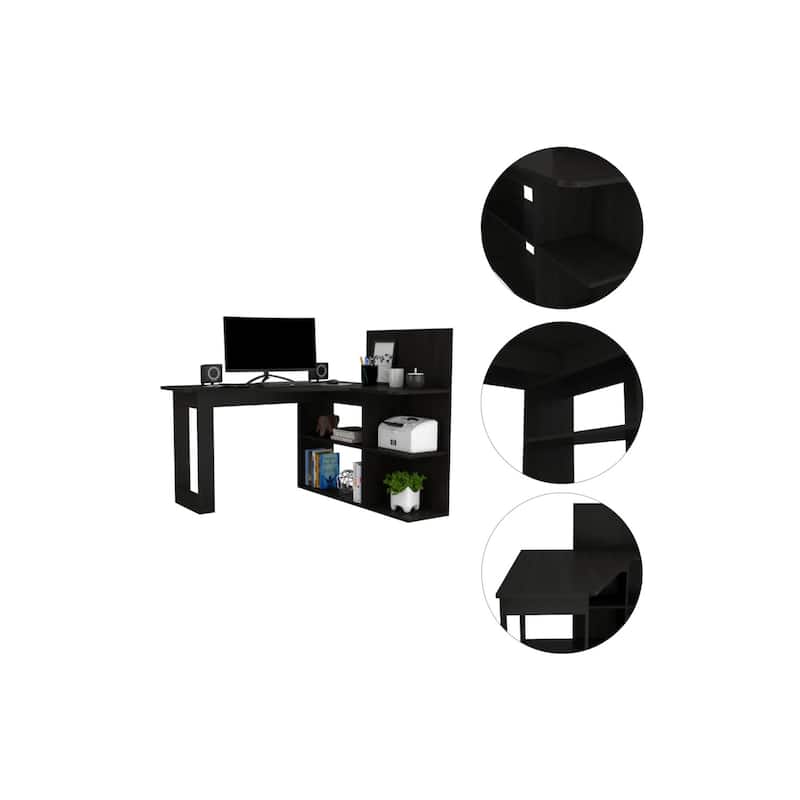 Kochi L-Shaped Desk - Black Corner Computer Writing Workstation with Shelves