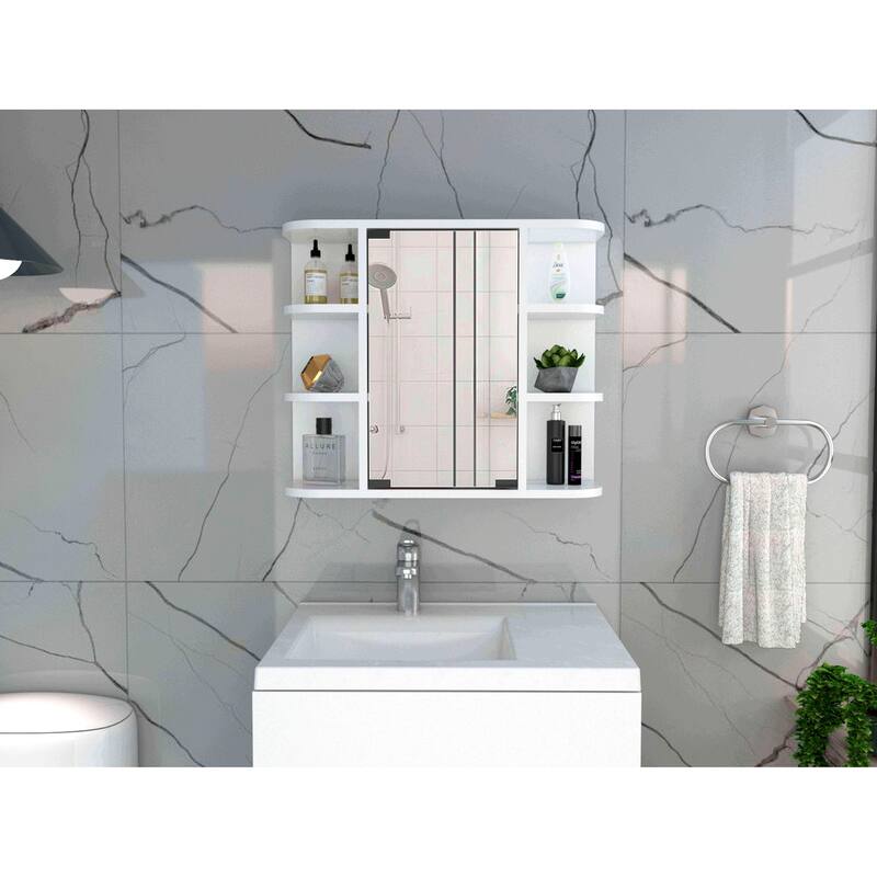 6-Shelf Medicine Cabinet with Mirror Panel Door, 3 Open Shelves on Each Side for Bathroom or Living Room Storage - 23.62X7.48 in - White + Particle Board