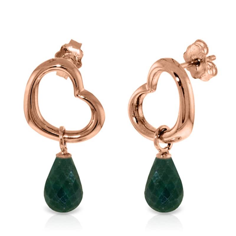 14K Solid Gold Heart Gemstone Earrings w/ Dangling Natural Emeralds - Rose