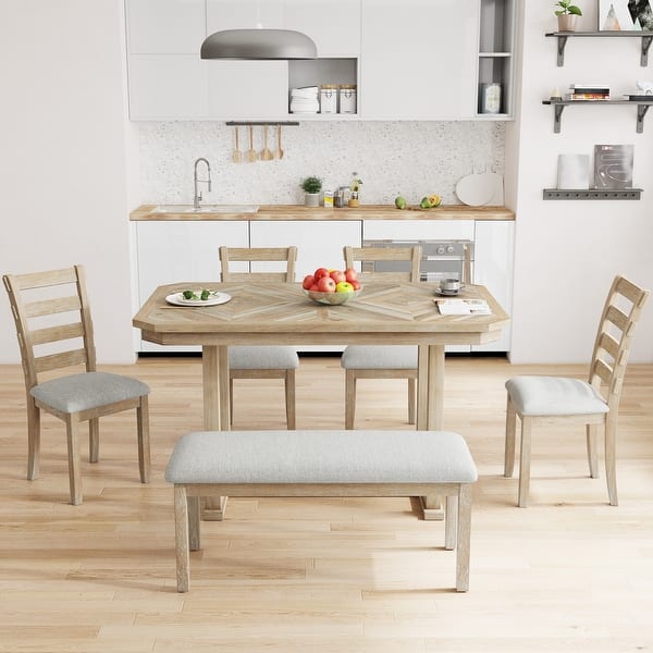 Modern 6Piece Rubber Wood Dining Table Set with Soft Cushion Bed